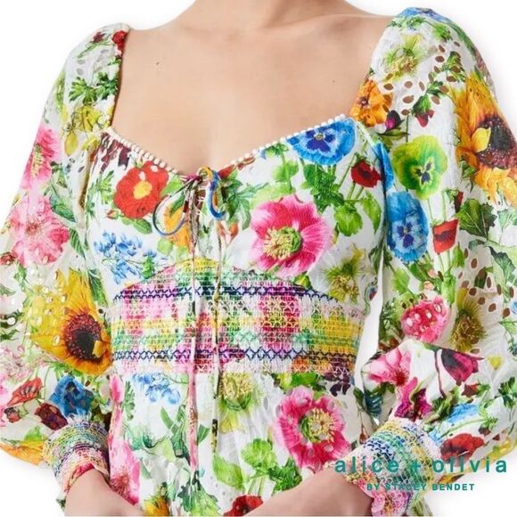 Alice + Olivia **NWT** Crawford Smocked Floral Sweetheart Mini Dress - Picture 3 of 16